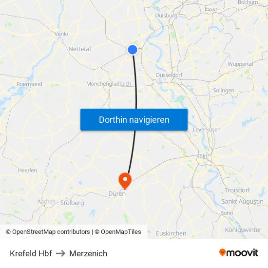 Krefeld Hbf to Merzenich map