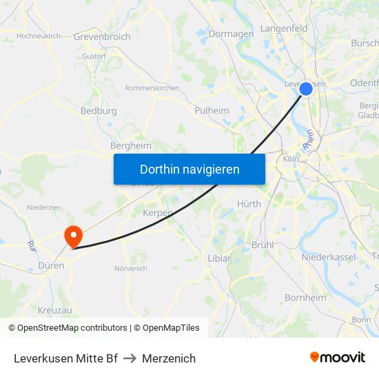 Leverkusen Mitte Bf to Merzenich map