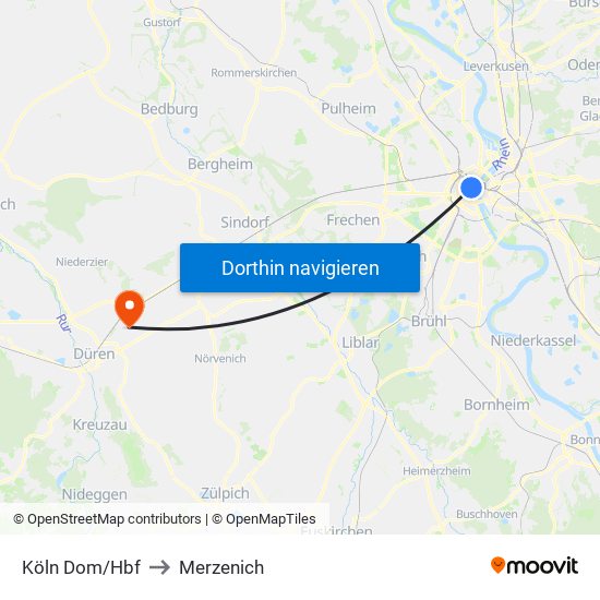 Köln Dom/Hbf to Merzenich map
