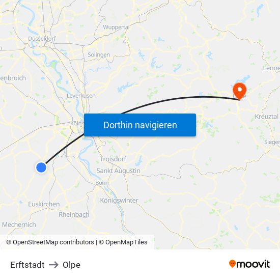 Erftstadt to Olpe map