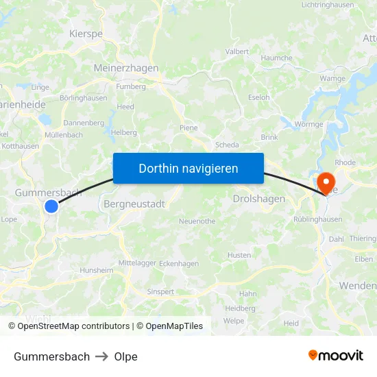 Gummersbach to Olpe map