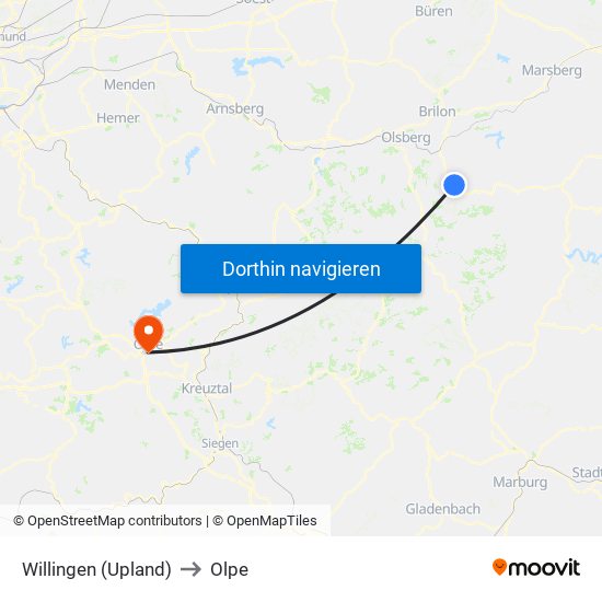 Willingen (Upland) to Olpe map