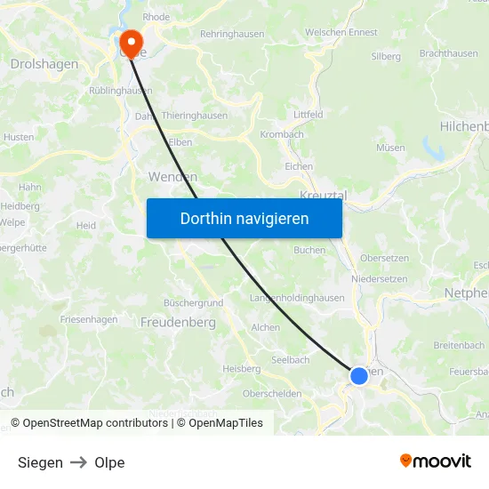 Siegen to Olpe map