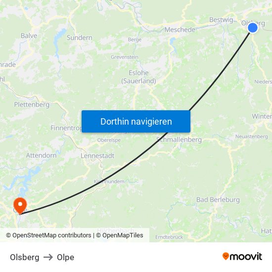 Olsberg to Olpe map