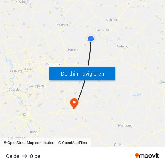 Oelde to Olpe map