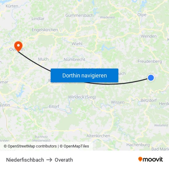 Niederfischbach to Overath map