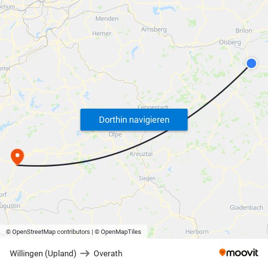 Willingen (Upland) to Overath map