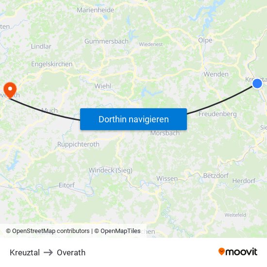 Kreuztal to Overath map