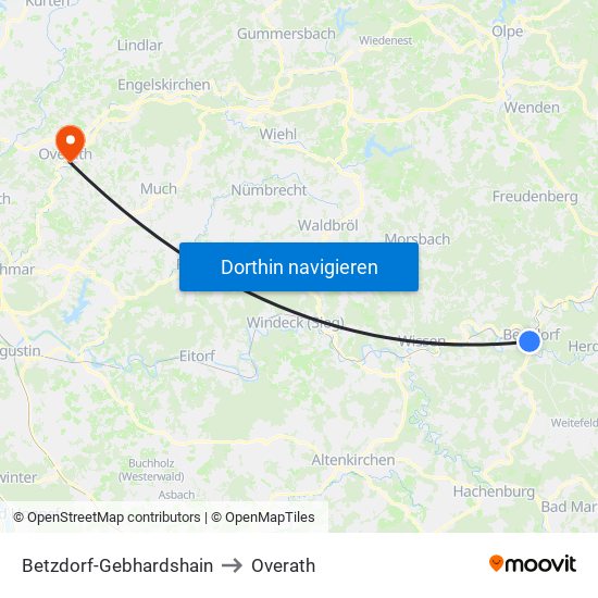 Betzdorf-Gebhardshain to Overath map