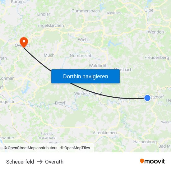 Scheuerfeld to Overath map