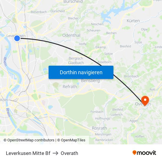 Leverkusen Mitte Bf to Overath map