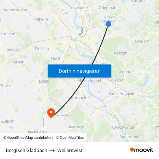 Bergisch Gladbach to Weilerswist map