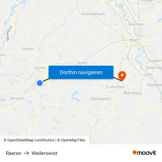 Raeren to Weilerswist map