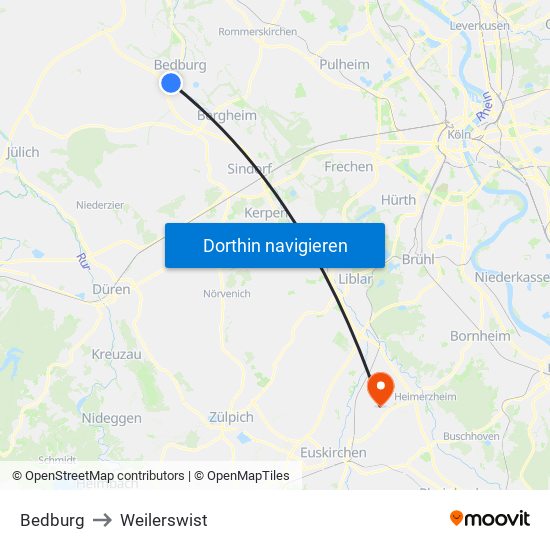 Bedburg to Weilerswist map