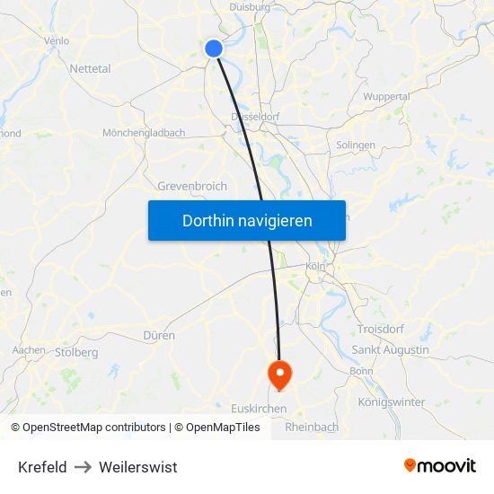 Krefeld to Weilerswist map