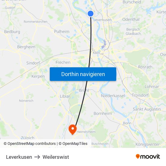 Leverkusen to Weilerswist map