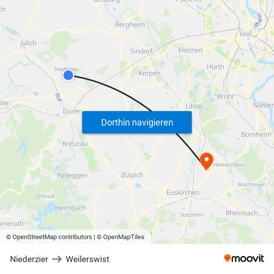 Niederzier to Weilerswist map