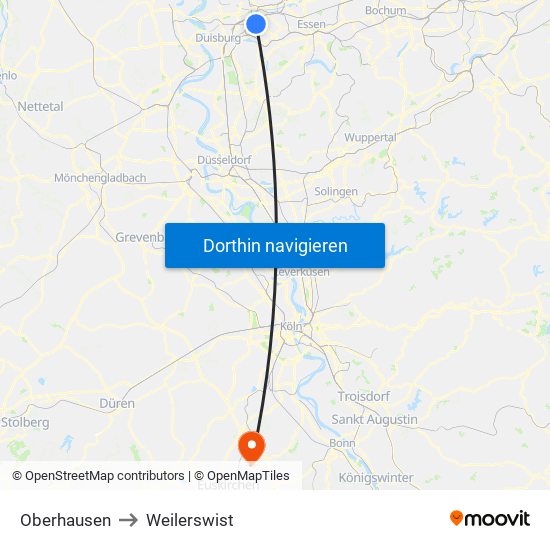 Oberhausen to Weilerswist map