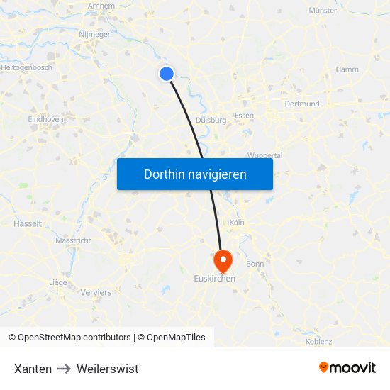 Xanten to Weilerswist map