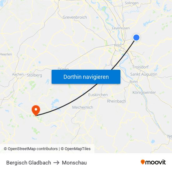 Bergisch Gladbach to Monschau map