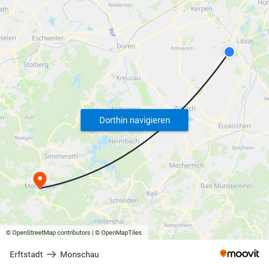 Erftstadt to Monschau map