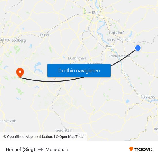 Hennef (Sieg) to Monschau map