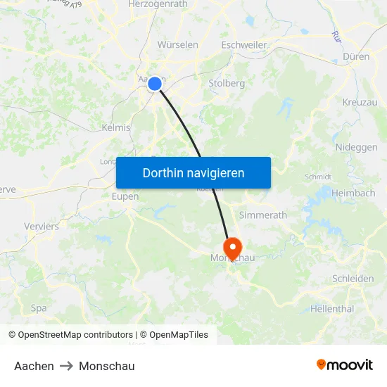 Aachen to Monschau map