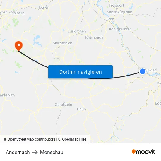 Andernach to Monschau map