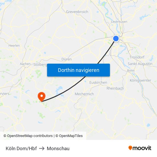 Köln Dom/Hbf to Monschau map