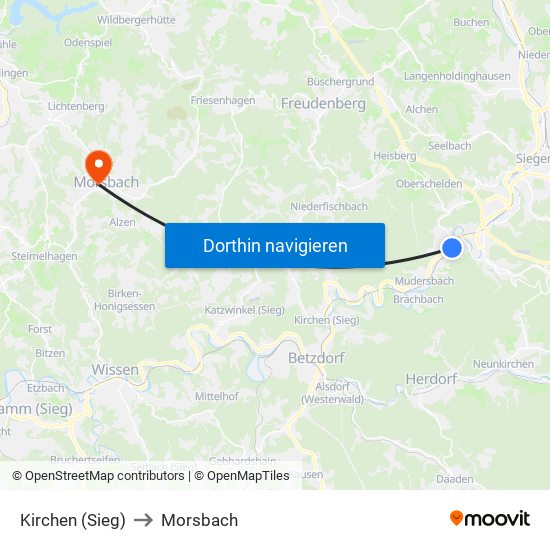 Kirchen (Sieg) to Morsbach map