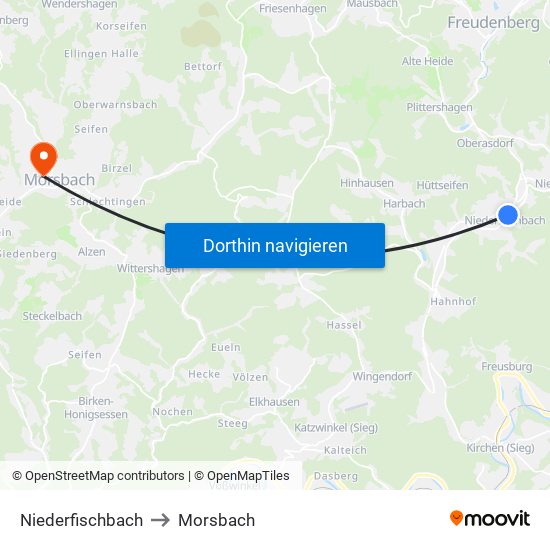 Niederfischbach to Morsbach map