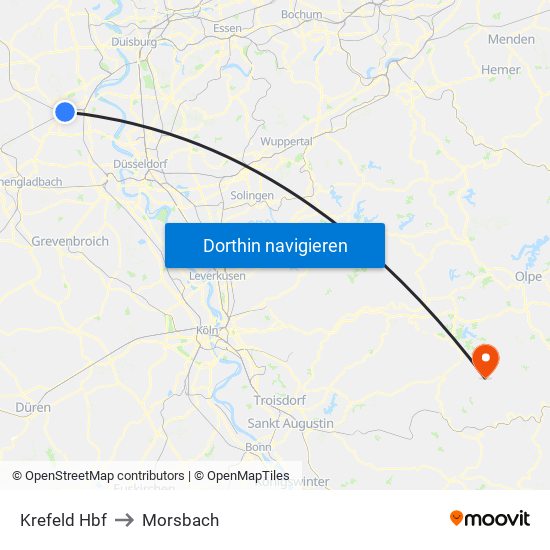 Krefeld Hbf to Morsbach map