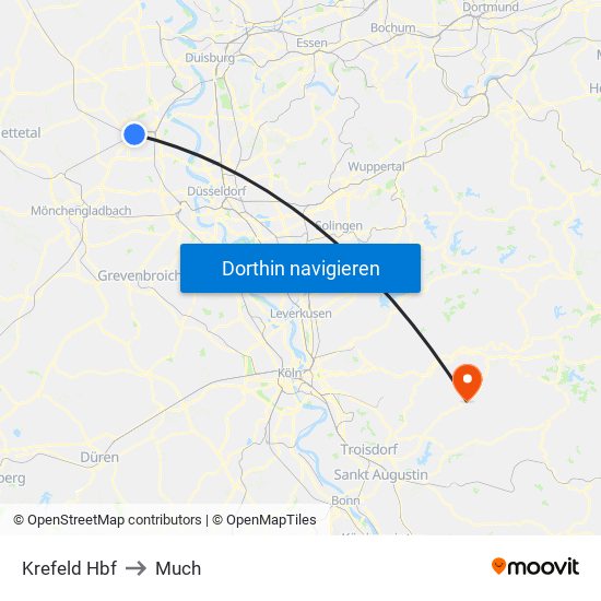 Krefeld Hbf to Much map