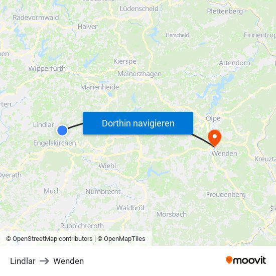 Lindlar to Wenden map