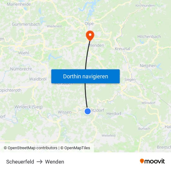 Scheuerfeld to Wenden map