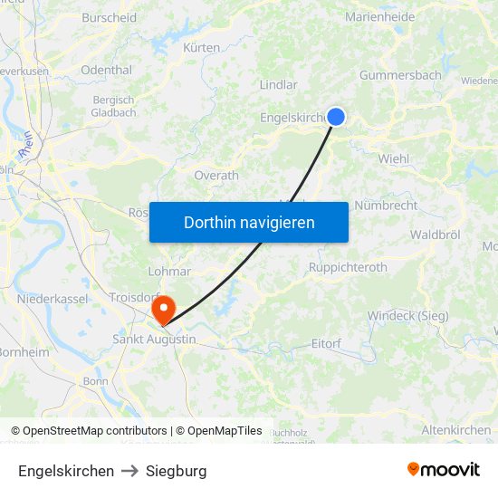 Engelskirchen to Siegburg map