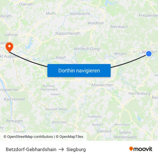 Betzdorf-Gebhardshain to Siegburg map