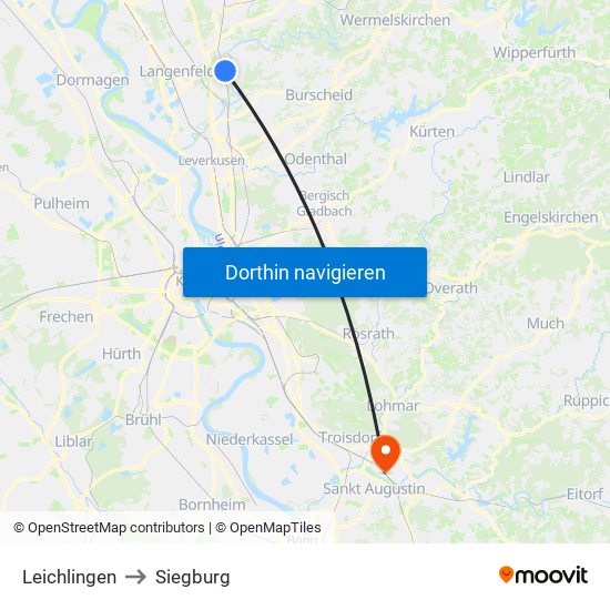 Leichlingen to Siegburg map