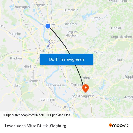 Leverkusen Mitte Bf to Siegburg map
