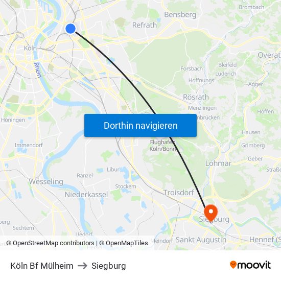 Köln Bf Mülheim to Siegburg map