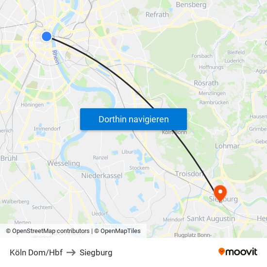 Köln Dom/Hbf to Siegburg map