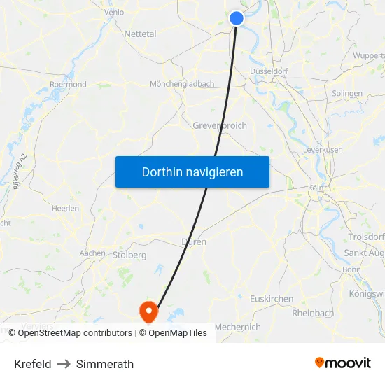 Krefeld to Simmerath map