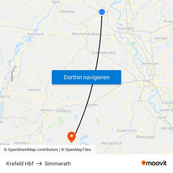 Krefeld Hbf to Simmerath map