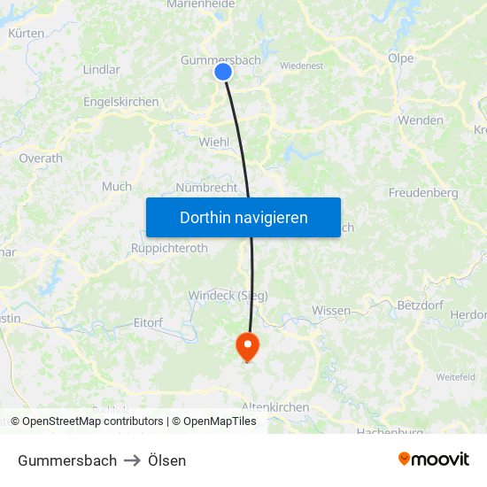 Gummersbach to Ölsen map