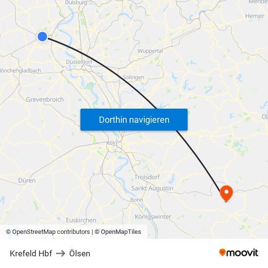 Krefeld Hbf to Ölsen map