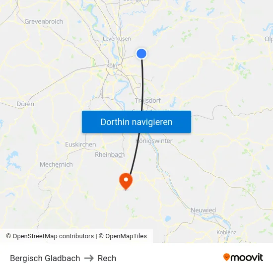 Bergisch Gladbach to Rech map