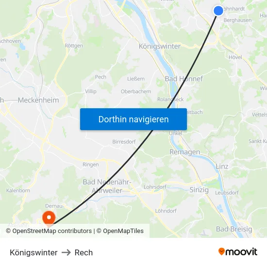 Königswinter to Rech map