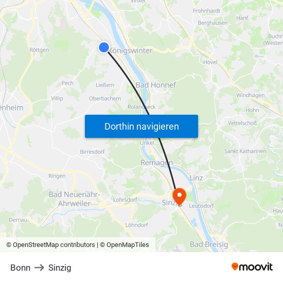 Bonn to Sinzig map