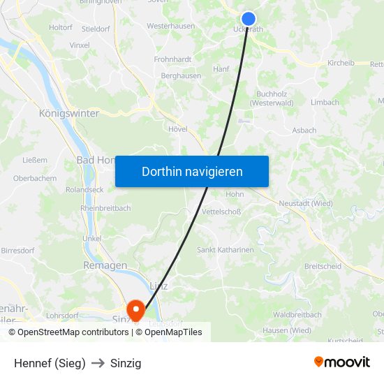 Hennef (Sieg) to Sinzig map