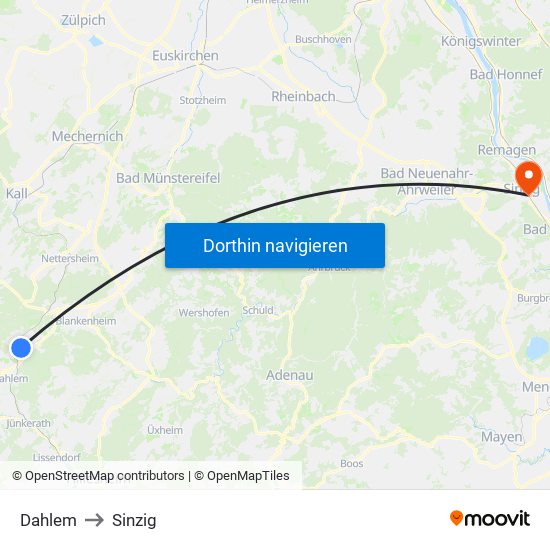 Dahlem to Sinzig map